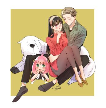1boy 2girls ahoge anya_(spy_x_family) arm_around_waist black_hair black_pants black_socks blonde_hair blush bond_(spy_x_family) breasts brown_socks child closed_eyes collared_shirt dog earrings full_body gold_earrings green_eyes green_shirt grey_pants hairband hairpods hand_to_own_mouth highres jewelry long_hair long_sleeves looking_at_another lying medium_breasts medium_hair multiple_girls neckerchief no_shoes on_stomach open_mouth pants parted_bangs pink_hair red_eyes red_sweater shirt short_hair sitting socks spy_x_family sweatdrop sweater twilight_(spy_x_family) umini_ikukara white_dog white_footwear white_hairband white_neckerchief yellow_background yor_briar