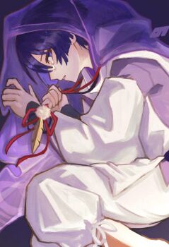 Rule 34 | 1boy, armor, bright pupils, clenched hand, clothing cutout, crying, crying with eyes open, curled fingers, eyeliner, eyeshadow, feathers, fetal position, from side, genshin impact, highres, holding, holding string, japanese armor, kote, kurokote, long sleeves, looking at viewer, makeup, male focus, nonoji (nonoji ekaki), pants, parted lips, pelvic curtain, pom pom (clothes), purple background, purple eyes, purple hair, red eyeliner, red eyeshadow, scaramouche (genshin impact), scaramouche (kabukimono) (genshin impact), side cutout, solo, string, tears, tsurime, white mouth, white pants, white pupils, white sleeves, yellow feathers