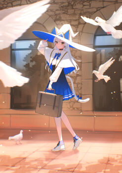 1girl animal_hat black_choker blue_bow blue_bowtie blue_skirt bow bowtie briefcase brown_eyes building capelet cat_girl cat_tail choker closed_mouth commentary_request day full_body grey_hair hair_ornament hairclip hand_on_headwear hat high-waist_skirt highres holding long_hair long_sleeves looking_at_viewer original outdoors pleated_skirt puffy_long_sleeves puffy_sleeves shirt shoes skirt smile solo tail tail_bow tail_ornament walking white_capelet white_hat white_shirt white_shoes window witch_hat xyunx