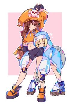 Rule 34 | 1boy, 1girl, absurdres, androgyne symbol, bee sempai, bike shorts, blonde hair, boots, bridget (guilty gear), brown hair, newsboy cap, fingerless gloves, gloves, guilty gear, guilty gear strive, hat, hat ornament, highres, hood, hooded jacket, hoodie, jacket, long hair, long sleeves, may (guilty gear), open mouth, orange boots, orange headwear, orange hoodie, orange shirt, shirt, shorts, skull and crossbones, skull hat ornament, trap