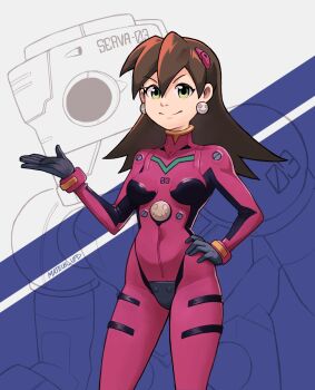brown_hair cosplay crossover earrings green_eyes hair_ornament hairpin hands_on_own_hips highres jewelry long_hair looking_at_viewer mateus_upd mecha mecha_pilot_suit mega_man_(series) mega_man_legends_(series) neon_genesis_evangelion plugsuit_(evangelion) robot servbot_(mega_man) servbot_(mega_man)_(cosplay) tron_bonne_(mega_man) video_game