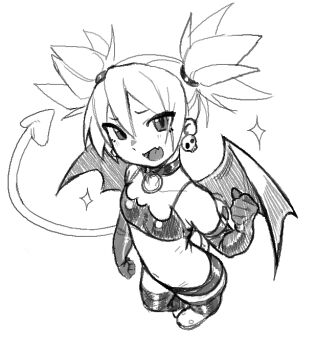 1girl bat_wings bikini bikini_top_only choker crop_top demon_girl demon_tail demon_wings disgaea earrings elbow_gloves etna_(disgaea) fang flat_chest from_above full_body furrowed_brow gloves greyscale hand_up jewelry looking_at_viewer looking_up makai_senki_disgaea miniskirt monochrome navel o-ring o-ring_choker o-ring_collar open_mouth pear-shaped_figure pointy_ears sketch skin_fang skirt skull_earrings smile solo spaghetti_strap standing swimsuit tail thighhighs twintails wings yirtios