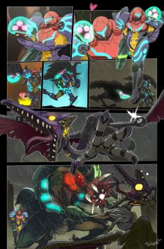 1girl alien alpha_metroid alternate_universe animal animal_on_shoulder arm_cannon armor bioluminescence claws cloud cloudy_sky comic cyborg day evolution floating flying_sweatdrops full_armor gamma_metroid glowing glowing_armor gravity_suit_(metroid) heart looking_at_another metroid metroid:_samus_returns metroid_(creature) metroid_larva neck_grab nintendo omega_metroid open_mouth outdoors power_armor power_suit_(metroid) rain red_eyes ridley running samus_aran sharp_teeth shoulder_pads signature silent_comic size_difference sky standing sweatdrop teeth teke visor_(armor) weapon wide-eyed yellow_eyes zeta_metroid