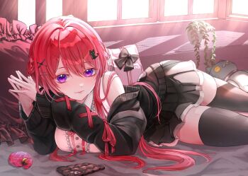 1girl black_bow black_jacket black_skirt black_thighhighs bow breasts cat_hair_ornament cellphone closed_mouth commentary commission double-parted_bangs english_commentary hair_between_eyes hair_ornament hairclip indoors jacket long_hair long_sleeves looking_at_viewer lying miniskirt open_clothes open_jacket original own_hands_together parallel_hairclips phone purple_eyes red_hair skeb_commission skirt smartphone smile solo thighhighs x_hair_ornament xxcaaan