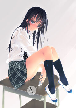 1girl black_hair black_socks camera_phone cellphone desk f-ism female_focus grey_eyes highres kneehighs long_hair murakami_suigun non-web_source original phone plaid_clothes plaid_skirt playboy school_uniform shoes sitting skirt smartphone socks solo taking_picture translucent uwabaki wet