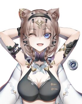 1girl ;o absurdres animal_ears arm_belt armpits arms_behind_head bikini black_bikini black_hairband blue_eyes breasts brown_hair cat_ears cat_girl chinese_commentary cleavage coin commentary_request hairband highres honkai_(series) honkai_impact_3rd kailu_(kyshiro) large_breasts looking_at_viewer one_eye_closed pardofelis pardofelis_(reverist_calico) short_hair_with_long_locks simple_background smile solo swimsuit upper_body white_background