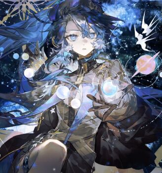 1girl arknights astgenne_the_lightchaser_(arknights) black_gloves blue_eyes blue_hair bright_pupils brown_shirt commentary gloves infection_monitor_(arknights) knee_up krab_(fumekrab) long_hair long_sleeves official_alternate_costume open_hand orb parted_lips planet shirt solo star_(sky) starry_sky_background symbol-only_commentary thigh_strap upper_body v-shaped_eyebrows very_long_hair white_pupils