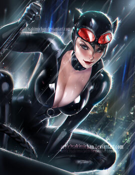 1girl animal_ears artist_name batman_(series) black_hair blue_eyes breasts cat_ears catsuit catwoman choker city cityscape cleavage dc_comics deviantart_username fake_animal_ears female_focus gloves goggles goggles_on_head lipstick makeup night rain red_lips sakimichan selina_kyle sky smile solo squatting watermark web_address wet whip zipper