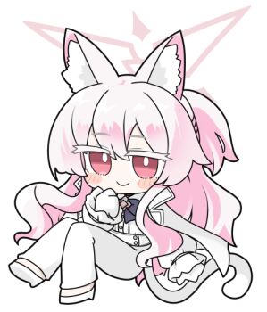 Rule 34 | 1girl, akira (blue archive), animal ear fluff, animal ears, blue archive, blush stickers, chibi, closed mouth, colored eyelashes, commentary request, formal clothes, full body, gloves, hair between eyes, halo, high heels, jacket, long hair, long sleeves, miranofuudoria, pant suit, pants, partial commentary, pink hair, ponytail, puffy long sleeves, puffy sleeves, red eyes, shirt, shoes, simple background, sleeves past wrists, smile, solo, suit, tail, very long hair, white background, white gloves, white jacket, white pants, white shirt, white shoes