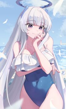 Rule 34 | 1girl, absurdres, arm under breasts, bare arms, bird, blue archive, blue one-piece swimsuit, blue sky, blunt bangs, breasts, cleavage, closed mouth, cloud, collarbone, commentary, cosplay, covered navel, cowboy shot, falling feathers, feathers, frilled one-piece swimsuit, frills, halo, hand on own face, highres, large breasts, light blush, lighthouse, long hair, looking at viewer, mechanical halo, miyako (blue archive), miyako (swimsuit) (blue archive), noa (blue archive), ocean, one-piece swimsuit, outdoors, purple eyes, revision, ryua (user kedz2257), sky, smile, solo, straight-on, straight hair, sunlight, swimsuit, thighs, very long hair, white hair