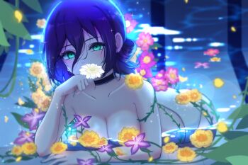 1girl blue_hair breasts chainsaw_man flower green_eyes hair_between_eyes hair_bun highres holding holding_flower kaisin_ao large_breasts looking_at_viewer panties partially_submerged pink_flower pool purple_flower reze_(chainsaw_man) solo underwear water white_flower white_panties yellow_flower