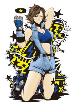 1girl absurdres arm_behind_head belt blue_sports_bra blush breasts brown_eyes brown_hair cleavage clenched_hand closed_mouth fingerless_gloves game_cg gloves hand_guard highres jbstyle jumpsuit kazama_asuka kneeling large_breasts looking_at_viewer official_art one_eye_closed short_hair short_jumpsuit sleeveless_jumpsuit solo sports_bra star_(symbol) tekken tekken_7 unzipped white_background
