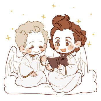 2boys angel animated animated_gif aziraphale_(good_omens) blue_eyes blush crowley_(good_omens) formal_clothes good_omens luminous_slime male_focus multiple_boys red_hair robe sitting suit white_hair white_robe yellow_eyes