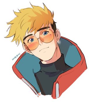 1boy aqua_eyes black_hair black_shirt blonde_hair blue_jacket commentary english_commentary glasses highres jacket kookirani male_focus medium_sideburns mole mole_under_eye multicolored_hair orange-tinted_eyewear portrait red_jacket rimless_eyewear round_eyewear shirt sideburns simple_background solo tinted_eyewear trigun trigun_stampede turtleneck two-sided_fabric two-sided_jacket two-tone_hair vash_the_stampede white_background