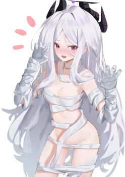 1girl absurdres ahoge bandaged_arm bandaged_chest bandaged_hand bandaged_leg bandaged_neck bandages black_halo black_horns blue_archive blush breasts chest_sarashi claw_pose demon_girl demon_horns embarrassed hair_between_eyes hair_over_shoulder halloween halloween_costume halo hands_up highres hina_(blue_archive) horns loli long_hair looking_at_viewer multiple_horns mummy_costume no_wings nonoka7221 open_mouth purple_eyes sarashi sidelocks simple_background small_breasts smile solo standing thighs very_long_hair white_background white_hair