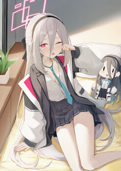 1girl :d ;d absurdres aris_(blue_archive) arm_at_side black_bow black_hairband black_skirt black_suit blue_archive blue_necktie blush blush_stickers bow breasts bright_pupils character_doll collared_shirt commentary doll feet_out_of_frame film_grain formal_clothes hair_bow hairband half_updo halo highres indoors jacket kei_(blue_archive) kei_(new_body)_(blue_archive) lizard0221 long_hair looking_at_viewer miniskirt necktie on_bed one_eye_closed open_clothes open_jacket open_mouth pink_halo pleated_skirt rectangular_halo red_eyes ringed_eyes rubbing_eyes shirt sitting skirt sleepy sleeves_past_wrists small_breasts smile solo suit thighs very_long_hair waking_up white_jacket white_pupils white_shirt yokozuwari |_|