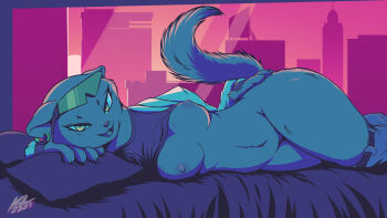 1girl absurdres animal_ears bed brand_new_animal breasts claws earrings eyebrows eyelashes eyewear_on_head green_eyes highres jewelry kyron-ladon legs_up looking_at_viewer lying marie_itami mink nipples nude on_back signature smile sunglasses sunglasses_on_head sunglasses_removed tail third-party_edit