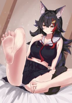 1girl animal_ears barefoot black_hair blush brown_eyes feet highres hololive isanaisana long_hair ookami_mio panties pantyshot soles tail toes underwear