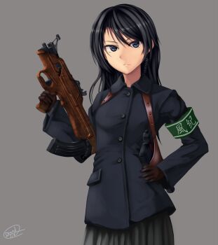 1girl armband assault_rifle bad_id bad_pixiv_id black_eyes black_hair bullpup dreadtie female_focus gun highres long_hair original prototype_design rifle simple_background solo takatori_shino tkb-022 tkb-022pm tkb-022pm5_no._1 weapon