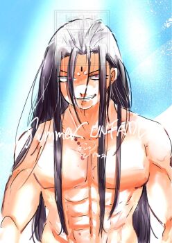 1boy black_hair blood blood_on_face blue_sky collarbone commentary_request evil_smile highres kowloon_feng long_hair male_focus mole muscular muscular_male no_nipples no_shirt nosebleed purple_eyes sky smile topless_male undead_unluck yonchitaso