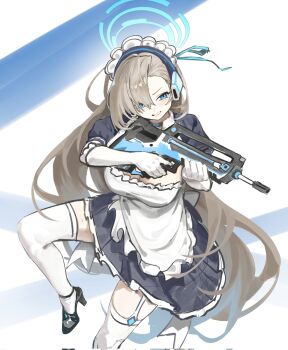 1girl apron assault_rifle asuna_(blue_archive) black_dress black_shoes blonde_hair blue_archive blue_eyes blue_halo blush breasts bullpup cleavage dress famas frilled_apron frilled_skirt frills grin gun hair_over_one_eye halo headphones highres holding holding_gun holding_weapon ilyowal large_breasts leg_up long_hair looking_to_the_side maid maid_apron maid_headdress puffy_short_sleeves puffy_sleeves rifle shoes short_sleeves skirt smile solo thighhighs thighs very_long_hair weapon white_thighhighs
