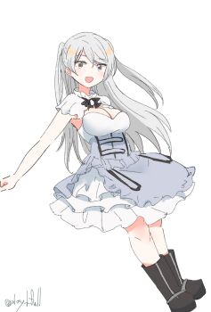 1girl armpit_cutout black_boots boots breasts brown_eyes cleavage_cutout clothing_cutout conte_di_cavour_(kancolle) conte_di_cavour_nuovo_(kancolle) dress frilled_dress frills grey_dress grey_hair highres kantai_collection large_breasts layered_dress long_hair one-hour_drawing_challenge robinson_(day_l_full) simple_background smile solo twitter_username two-tone_dress two_side_up white_background