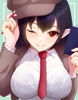 1girl ;) black_bra black_hair bra bra_visible_through_clothes breasts brown_hair brown_hat closed_mouth commentary_request duplicate frilled_bra frills green_background hat highres holding holding_notebook holding_pen kisaragi_koushi large_breasts necktie notebook official_alternate_costume one_eye_closed pen pixel-perfect_duplicate pointy_ears red_eyes red_necktie see-through_clothes see-through_shirt shameimaru_aya shameimaru_aya_(newsboy) shirt short_hair smile solo touhou underwear upper_body