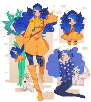 1girl animal animalization black_hat blue_hair blue_sweater blush boots cat doll drill_hair gwen_(league_of_legends) hat heterochromia highres league_of_legends long_hair oversized_object pants raincoat scissors smile star_(symbol) star_print sweater uwuhelia viego_(league_of_legends) yellow_raincoat