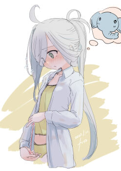 1girl absurdres ahoge arrow_(symbol) asashimo_(kancolle) camisole collared_shirt commentary_request dress_shirt elephant female_focus flying_sweatdrops fyuo grey_eyes grey_hair hair_over_one_eye highres kantai_collection long_hair looking_down measuring one-hour_drawing_challenge open_clothes open_shirt panties penis_measuring ponytail shirt underwear white_shirt yellow_camisole yellow_panties