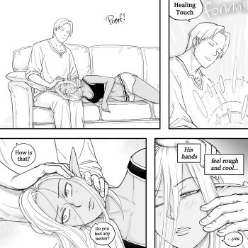 Rule 34 | 1boy, 1girl, absurdres, bb (baalbuddy), breasts, brother and sister, brother and step-sister, close-up, couch, crop top, dark elf, dolphin shorts, elf, english text, healing, highres, lap pillow, left-to-right manga, long hair, lying, magic, medium breasts, on couch, on side, original, pointy ears, shorts, siblings, speech bubble, step-brother and step-sister, step-siblings, tank top, willford diccard, zana (dark elf stepsister)