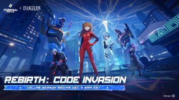 1boy 4girls absurdres artist_collaboration artist_request ayanami_rei blue_hair bodysuit brown_hair character_request copyright_name crossover eva_00 eva_02 full_body hand_on_own_hip highres interface_headset_(evangelion) logo long_hair looking_at_viewer mecha mecha_pilot_suit multiple_girls neon_genesis_evangelion neon_lights non-web_source official_art outdoors plugsuit_(evangelion) red_bodysuit red_eyes robot short_hair simple_background sitting smile souryuu_asuka_langley terminull_brigade white_bodysuit wide_hips