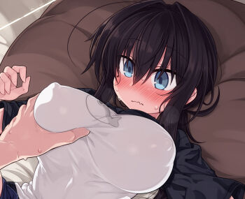 1boy 1girl black_hair blue_eyes blush breasts covered_erect_nipples grabbing_another&#039;s_breast groping hetero huge_breasts lying null_(nyanpyoun) on_back original solo_focus wavy_mouth