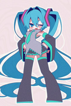 1girl aqua_necktie banananosongen black_boots black_skirt blue_eyes blue_hair boots breasts detached_sleeves full_body grey_shirt hair_intakes hair_ornament hands_on_own_hips hatsune_miku long_hair long_sleeves looking_at_viewer miniskirt necktie one_eye_closed open_mouth outline pleated_skirt shirt skirt sleeveless sleeveless_shirt small_breasts solo standing thigh_boots twintails very_long_hair vocaloid white_outline wide_sleeves