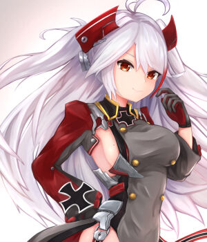 1girl antenna_hair azur_lane breasts buttons commentary double-breasted gloves grey_gloves headgear large_breasts light_smile long_sleeves looking_at_viewer mole mole_on_breast orange_eyes prinz_eugen_(azur_lane) red_gloves red_streaks ryara sideboob simple_background solo two-tone_gloves upper_body white_background