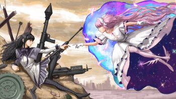 2girls absurdres akemi_homura akemi_homura_(magical_girl) assault_rifle bad_anatomy bad_leg black_hair black_hairband dress explosive fine_art_parody gloves grenade gun hairband highres kaname_madoka long_hair mahou_shoujo_madoka_magica mahou_shoujo_madoka_magica_(anime) multiple_girls outdoors parody pink_hair pleated_skirt purple_skirt rifle rocket_launcher shirt skirt sniper_rifle the_creation_of_adam titann ultimate_madoka unworn_eyewear very_long_hair weapon white_dress white_gloves white_shirt