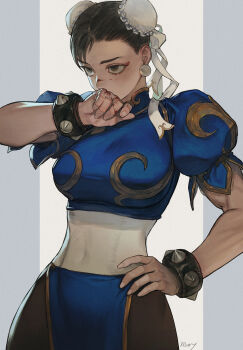 1girl black_hair blood blood_on_face blood_on_hands blue_dress bracelet breasts brown_eyes bun_cover capcom china_dress chinese_clothes chun-li covered_mouth cowboy_shot double_bun dress earrings fingernails hair_bun hand_on_own_hip highres jewelry large_breasts looking_ahead morry outside_border pantyhose pelvic_curtain pillarboxed puffy_short_sleeves puffy_sleeves short_sleeves signature solo sphere_earrings spiked_bracelet spikes standing street_fighter