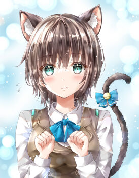 1girl absurdres animal_ear_fluff animal_ears aoi_erika aqua_eyes ayaro_(genkiloobaii) bell black_hair blue_background blue_bow blue_bowtie blush bow bowtie breasts brown_vest cat_ears cat_girl cat_tail closed_mouth collared_shirt commentary_request dress_shirt eyelashes eyes_visible_through_hair flying_sweatdrops hair_between_eyes hands_up heaven_burns_red highres jingle_bell kemonomimi_mode large_breasts long_sleeves looking_at_viewer medium_hair paw_pose shirt simple_background smile solo straight-on tail tail_bell tail_bow tail_ornament tail_raised upper_body vest white_shirt wolf_cut