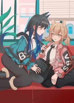 2girls animal_ears azusawa_kohane belt black_hair black_necktie black_pants black_pantyhose black_skirt blue_hair blue_jacket brown_eyes brown_hair cat_ears cat_girl cat_tail chinese_commentary clothes_grab collared_shirt commentary_request couch dog_ears dog_girl dog_tail fan10234 gradient_hair highres indoors jacket jewelry kemonomimi_mode long_hair multicolored_hair multiple_girls necktie necktie_grab neckwear_grab on_couch orange_eyes pants pantyhose pink_jacket project_sekai ring shiraishi_an shirt skirt tail tail_around_another&#039;s_leg tail_wrap twintails white_shirt yuri