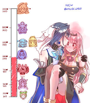 6+girls absurdres animal_ears bare_shoulders black_dress black_gloves blue_hair blush breasts carrying cleavage closed_mouth deerstalker dress fang frog_hat gawr_gura gloves hair_intakes hakos_baelz halo hat heart highres hololive hololive_english horns irys_(hololive) kiss kiss_meter_(meme) kissing_cheek large_breasts long_hair meme mori_calliope mouse_ears multicolored_hair multiple_girls ninomae_ina&#039;nis ouro_kronii pink_hair pointy_ears princess_carry red_eyes sharp_teeth simple_background smile streaked_hair takanashi_kiara teeth tentacle_hair two_side_up watson_amelia white_background xu_chin-wen yuri