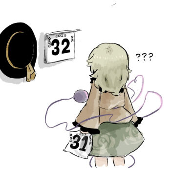 1girl 2024 ? august august_32nd black_hat blouse boku_no_natsuyasumi bow calendar_(object) commentary_request eyeball frilled_shirt_collar frilled_sleeves frills from_behind green_hair green_skirt hat hat_bow hat_ribbon heripantomorrow komeiji_koishi long_sleeves ribbon shirt simple_background skirt solo third_eye touhou unworn_hat unworn_headwear white_background wide_sleeves yellow_bow yellow_ribbon yellow_shirt