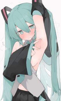 1girl arm_up armpit_crease armpit_focus armpits blue_eyes blue_hair blush commentary_request detached_sleeves hatsune_miku highres long_hair mikozin presenting_armpit solo spread_armpit sweat sweatdrop twintails vocaloid white_background