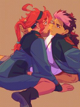 1boy 1girl ahoge aqua_eyes asticassia_school_uniform black_boots black_hairband blue_eyes blue_jacket blue_shirt boots brown_background brown_hair commentary_request couple dated guel_jeturk gundam gundam_suisei_no_majo hair_between_eyes hairband hetero highres imminent_kiss ivy_hermit jacket jacket_on_shoulders long_hair looking_at_another low_ponytail mullet multi-tied_hair multicolored_hair pink_hair ponytail reclining red_hair school_uniform shirt short_hair_with_long_locks single_sidelock sitting suletta_mercury tan thick_eyebrows two-tone_hair white_shirt