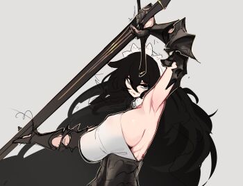 Rule 34 | 1girl, armpit focus, armpits, black hair, breasts, centurii-chan, commentary, covered erect nipples, english commentary, executioner's sword, executioner maid (centurii-chan), eyeshadow, gauntlets, highres, holding, holding weapon, large breasts, long hair, maid, maid headdress, makeup, original, red eyeshadow, sideboob, sword, training, two-handed sword, very long hair, weapon, white background