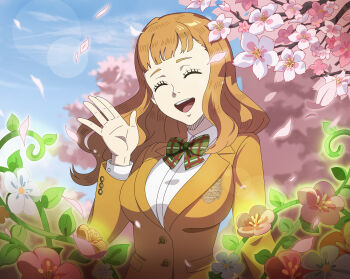 Rule 34 | 1girl, absurdres, black clover, black clover m: rise of the wizard king, blue sky, bow, bowtie, breasts, brown jacket, cherry blossoms, cherry tree, clenched hands, closed eyes, collared shirt, commentary, day, english commentary, flower, highres, jacket, large breasts, long hair, mimosa vermillion, non-web source, official art, open mouth, orange hair, outdoors, pink flower, pink petals, plaid bow, plaid bowtie, plaid clothes, school uniform, shirt, sky, smile, solo, teeth, upper body, upper teeth only, white flower, white shirt