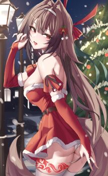 1girl absurdres animal_ears ass breasts bridal_gauntlets brown_hair christmas_tree commentary dress fox_ears fox_tail hairband han_bulldog highres lamppost large_breasts leg_tattoo long_hair night panties red_dress red_eyes santa_costume santa_dress snowing solo tail tattoo thighhighs thighs underwear untranslatable_commentary very_long_hair white_hairband white_panties white_thighhighs ye_shunguang zenless_zone_zero