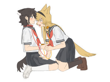 2girls animal_ears black_hairband black_sailor_collar black_skirt black_socks blonde_hair blush bracelet brown_hair brown_shoes chinese_commentary closed_mouth collar commentary dog_ears dog_girl dog_tail fang hairband hand_on_another&#039;s_thigh highres holding holding_leash jewelry jiguang_haibao kemonomimi_mode kneeling koishikawa_iko leash long_hair looking_at_another momijiyama_teru multiple_girls open_mouth pleated_skirt red_collar sailor_collar school_uniform serafuku shirt shoes short_hair short_sleeves shy_(series) simple_background skirt smile socks tail white_background white_shirt white_shoes white_socks yellow_collar yellow_eyes yuri