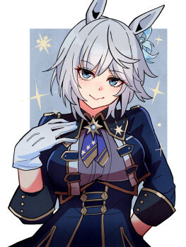 1girl agnes_tachyon_(umamusume) anastasia_(idolmaster) animal_ears blue_eyes blue_jacket blue_skirt border borrowed_hairstyle breasts closed_mouth gloves grey_background grey_gloves grey_hair grey_shirt hair_between_eyes hand_up high-waist_skirt highres horse_ears idolmaster idolmaster_cinderella_girls jacket kawamochi_(kawauti919) kemonomimi_mode large_breasts long_sleeves open_clothes open_jacket shirt short_hair skirt smile solo uesaka_sumire umamusume voice_actor_connection white_border wolf_cut