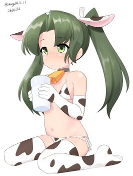 1girl absurdres animal_ears animal_print bell bikini cow_ears cow_horns cow_print cow_print_bikini cow_print_gloves cow_print_thighhighs cowbell dated elbow_gloves fake_animal_ears fake_horns flat_chest glass gloves green_eyes green_hair highres horns kantai_collection loli maru_(marg0613) milk one-hour_drawing_challenge print_bikini print_gloves print_thighhighs side-tie_bikini_bottom simple_background sitting solo swimsuit thighhighs twitter_username wariza white_background white_bikini white_gloves white_thighhighs zuikaku_(kancolle)