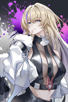 Rule 34 | 1girl, absurdres, blonde hair, blue eyes, breasts, crop top, evzeva, fur-trimmed sleeves, fur trim, grin, highres, honkai: star rail, honkai (series), jacket, large breasts, long hair, looking at viewer, midriff, multicolored hair, purple hair, serval landau, smile, solo, streaked hair, upper body, white jacket