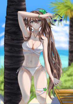 1girl absurdres ai_the_somnium_files ai_the_somnium_files:_nirvana_initiative arm_over_head arm_up bao-bao-jun beach bikini blue_sky blurry blurry_background breasts brown_hair character_request check_commentary choker cleavage cloud collarbone commentary commentary_request day eyelashes fantasy fingernails green_nails hair_between_eyes hair_ornament hair_scrunchie highres holding holding_removed_eyewear hot jewelry long_bangs long_hair looking_at_viewer medium_breasts nail_polish navel necklace ocean outdoors palm_tree scrunchie shadow sidelocks sky stomach sunglasses sweat swimsuit tree unworn_eyewear very_long_hair virtual_youtuber white_bikini yellow_eyes
